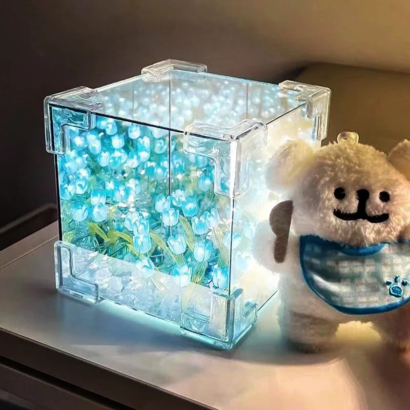 DIY Tulip Lamp Three-Dimensional Transparent Cuby Nightlight Lamp and Mirror 2 in 1 Anniversary Couple Gifts Bedroom Decorations